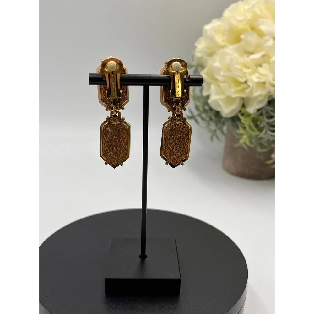 Oscar de la Renta Designer Tan Black Resin Drop Dangle Clip‎ on Earrings